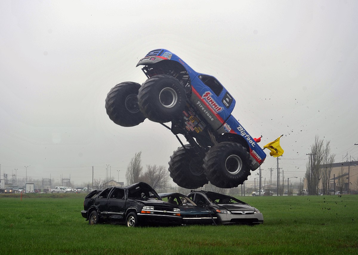 Bigfoot monster truck in front of huge crowd at 1980s motorsports event
