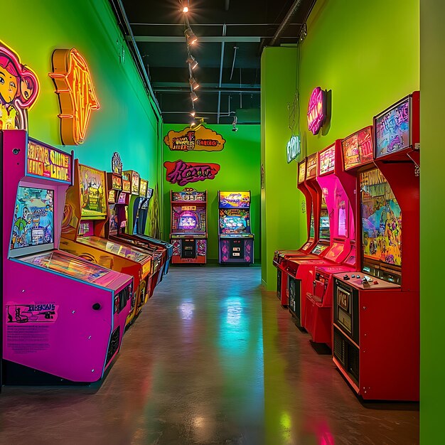 Classic 1980s video arcade room filled with rows of game cabinets and neon lights