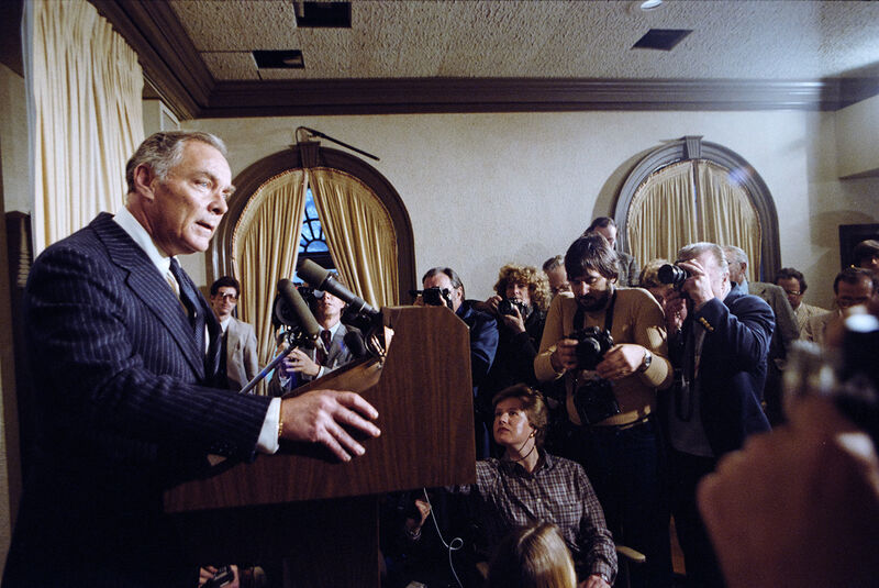 Secretary of State Alexander Haig speaks to the press about President Reagan condition after the shooting 1981