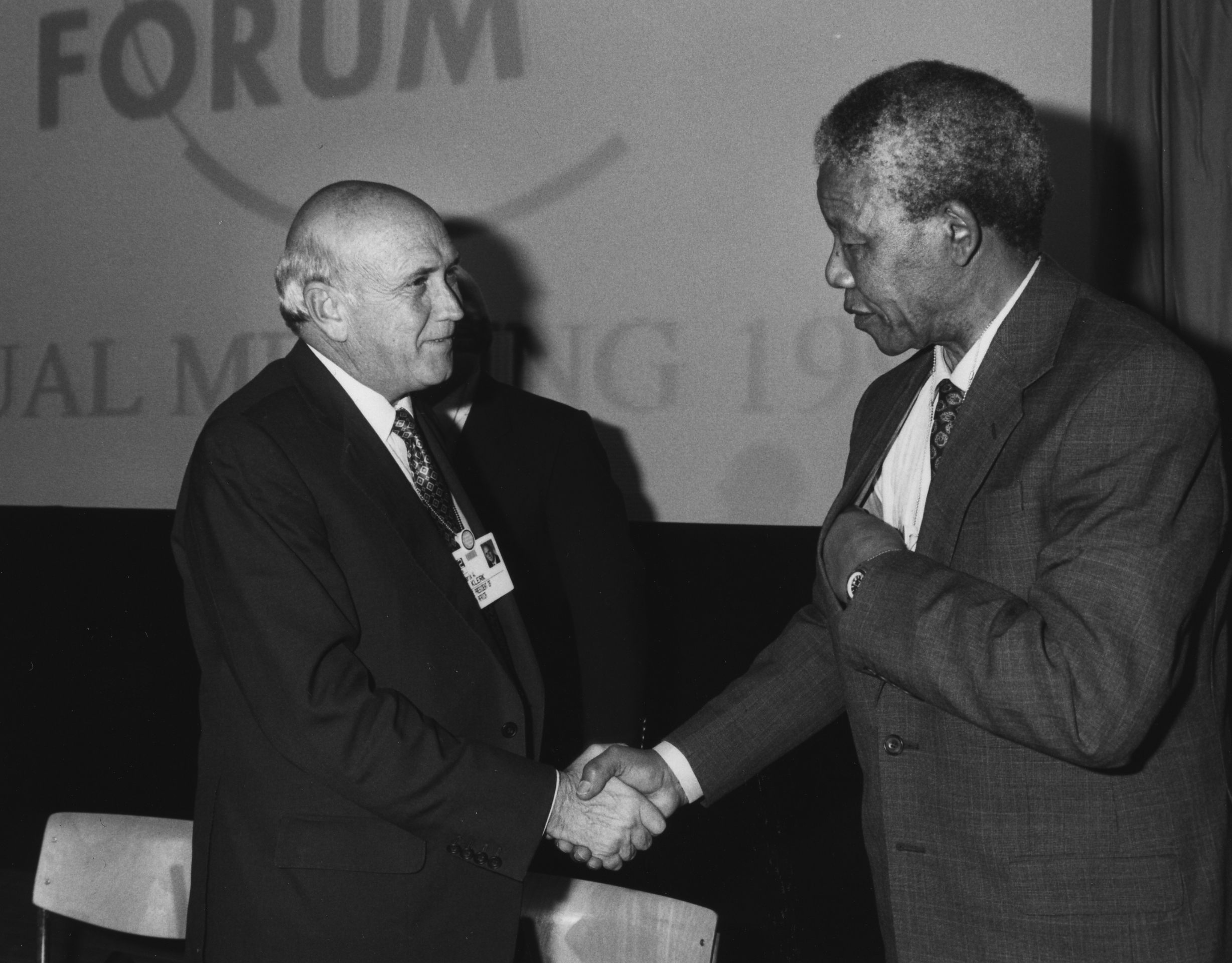 F.W. de Klerk and Nelson Mandela at Davos 1992 after apartheid referendum