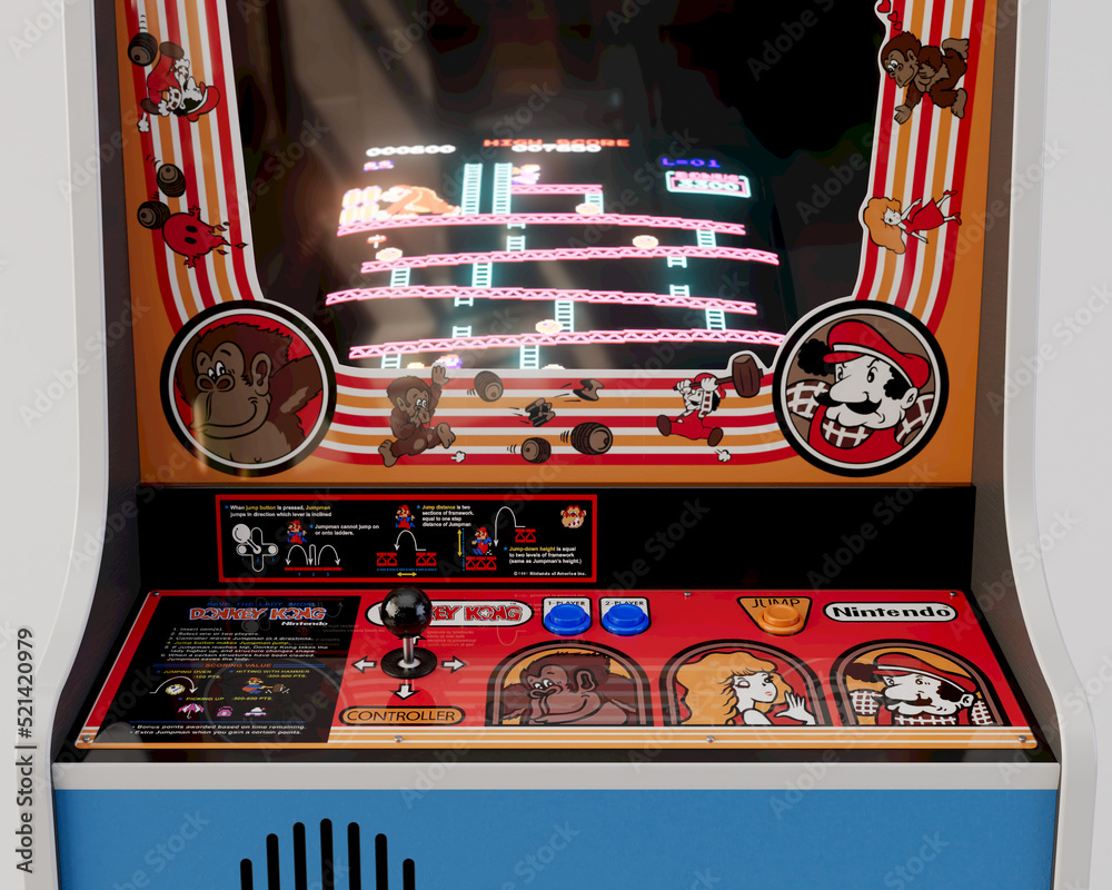 Classic 1981 Donkey Kong arcade cabinet by Nintendo that introduced Mario