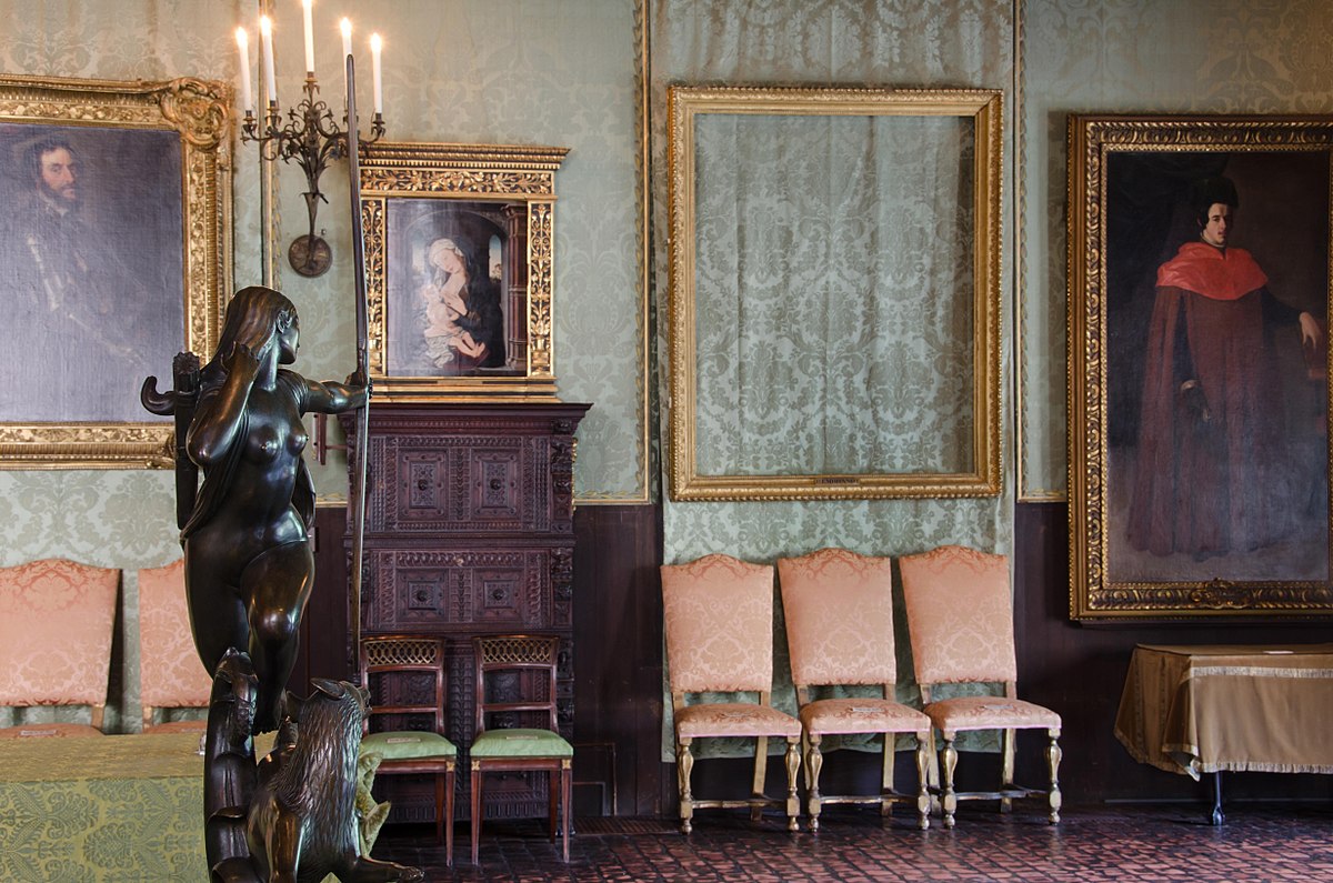 Empty frames at Isabella Stewart Gardner Museum where stolen paintings once hung