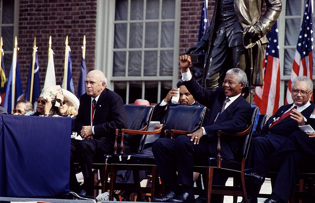 F.W. de Klerk and Nelson Mandela together in Philadelphia 1993 after sharing Nobel Peace Prize