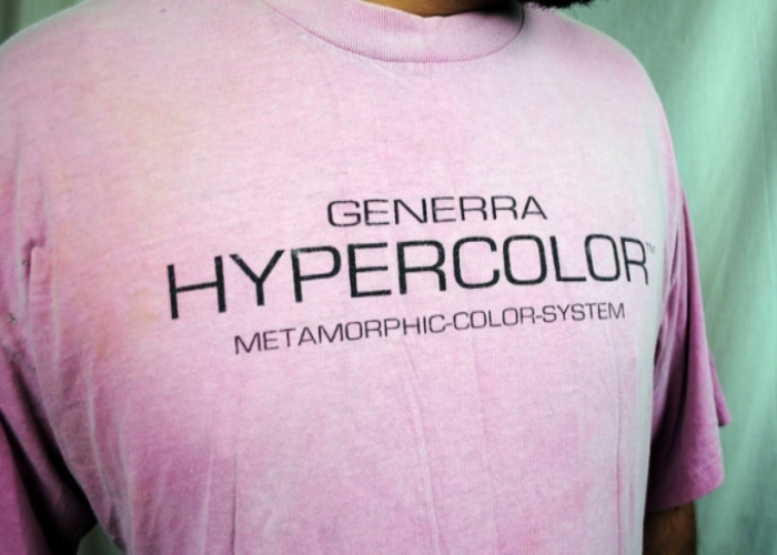 Generra Hypercolor shirt from the 90s showing the Metamorphic Color System color-changing effect
