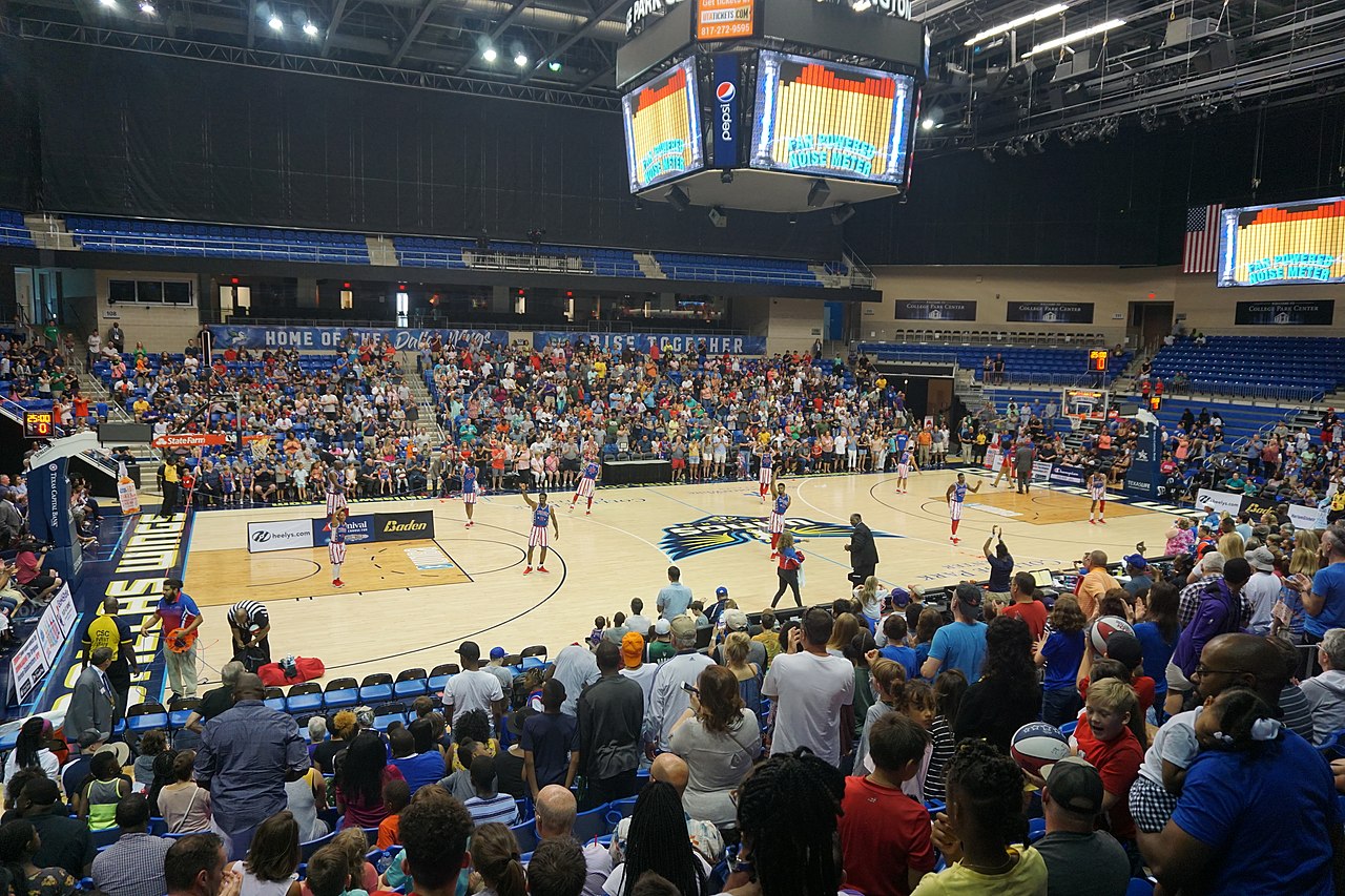 Harlem Globetrotters celebrating on the basketball court