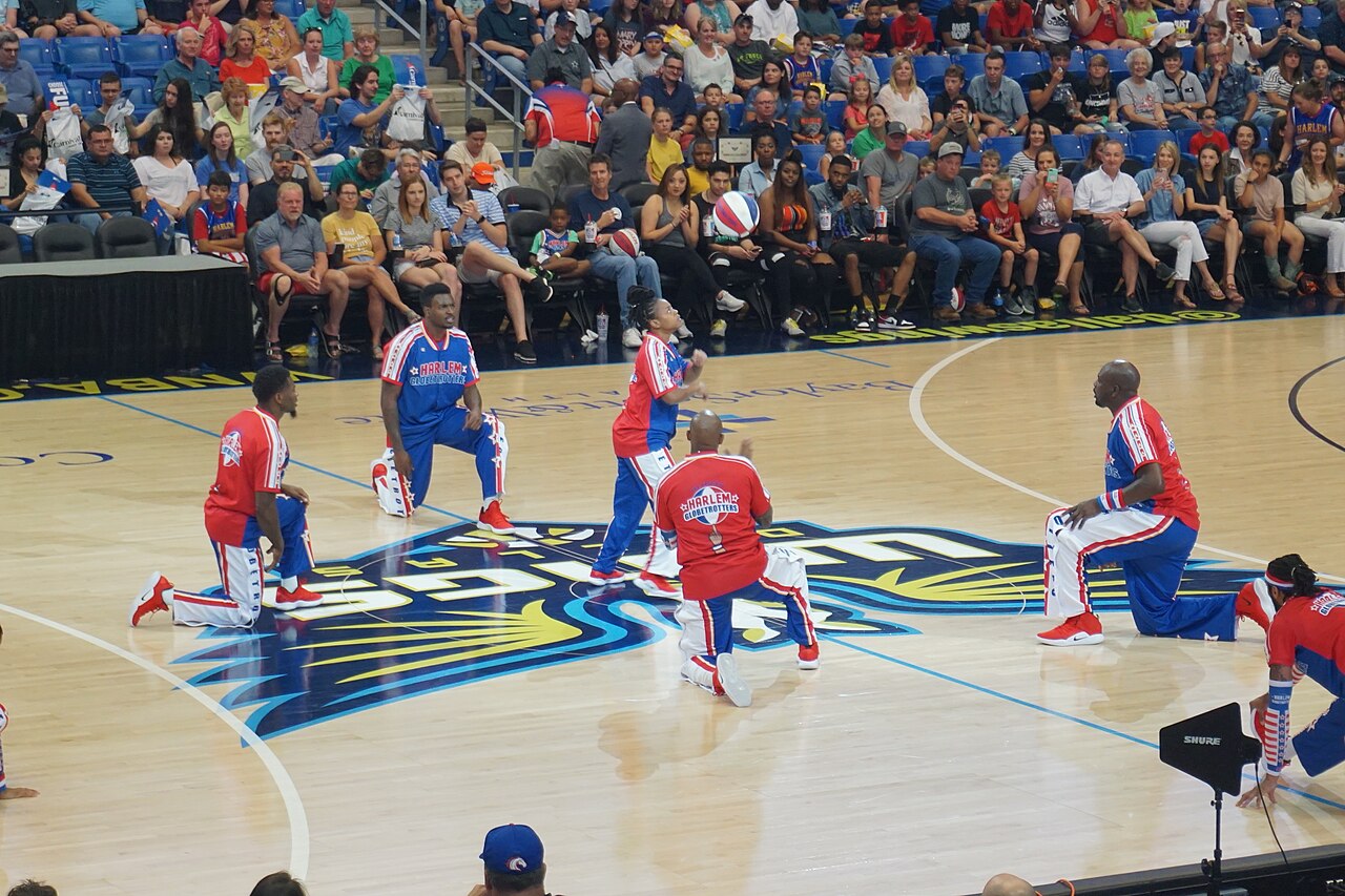 Harlem Globetrotters performing their famous Magic Circle basketball routine