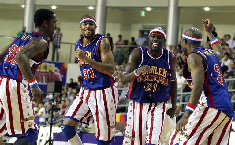 Harlem Globetrotters performing basketball tricks