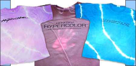 Three Generra Hypercolor shirts in purple blue and brown showing the color-changing brand logo