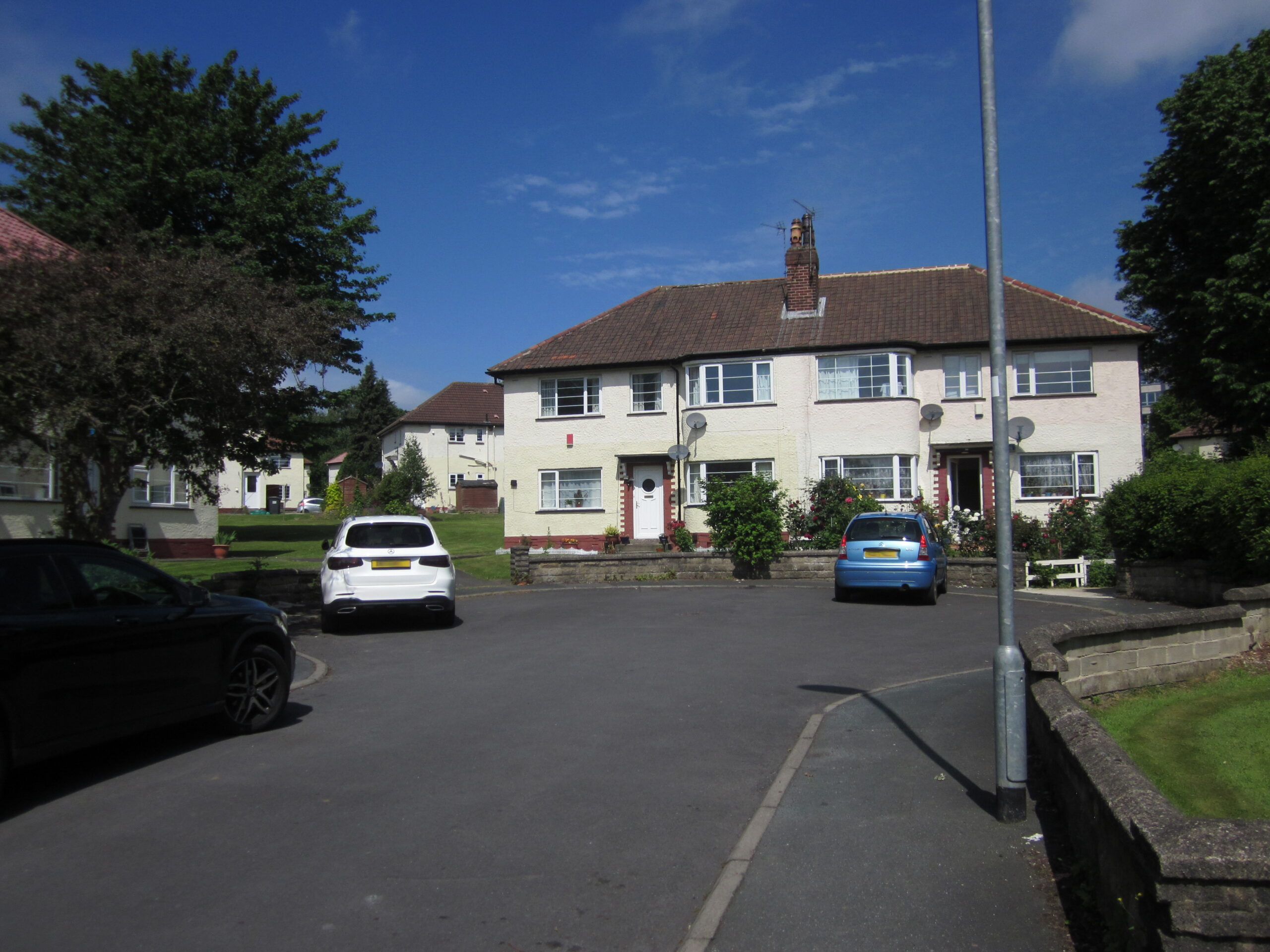 Quiet residential cul-de-sac street with houses where kids knocked on doors