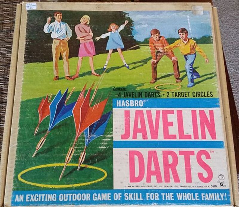 Hasbro Javelin Darts box front showing 1960s lawn darts marketed as family outdoor game of skill