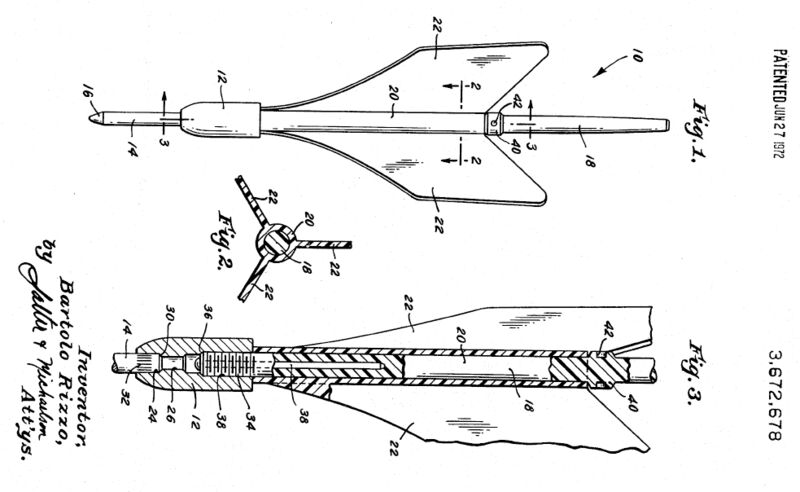 Original lawn darts patent design diagram showing metal tip construction and weighted body that made them dangerous