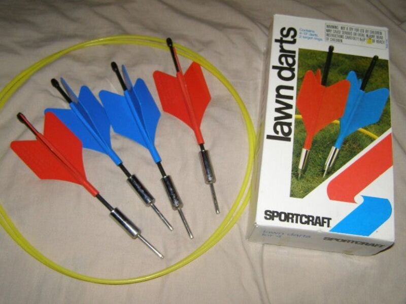 Sportcraft lawn darts set with box showing banned metal-tipped backyard game from the 1980s