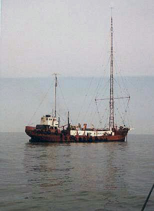 The Mi Amigo ship, home of Radio Caroline, pictured during its 1970s broadcasting heyday before its fateful sinking in 1980