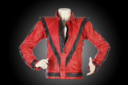 Michael Jackson Thriller jacket on display showing the iconic red leather design