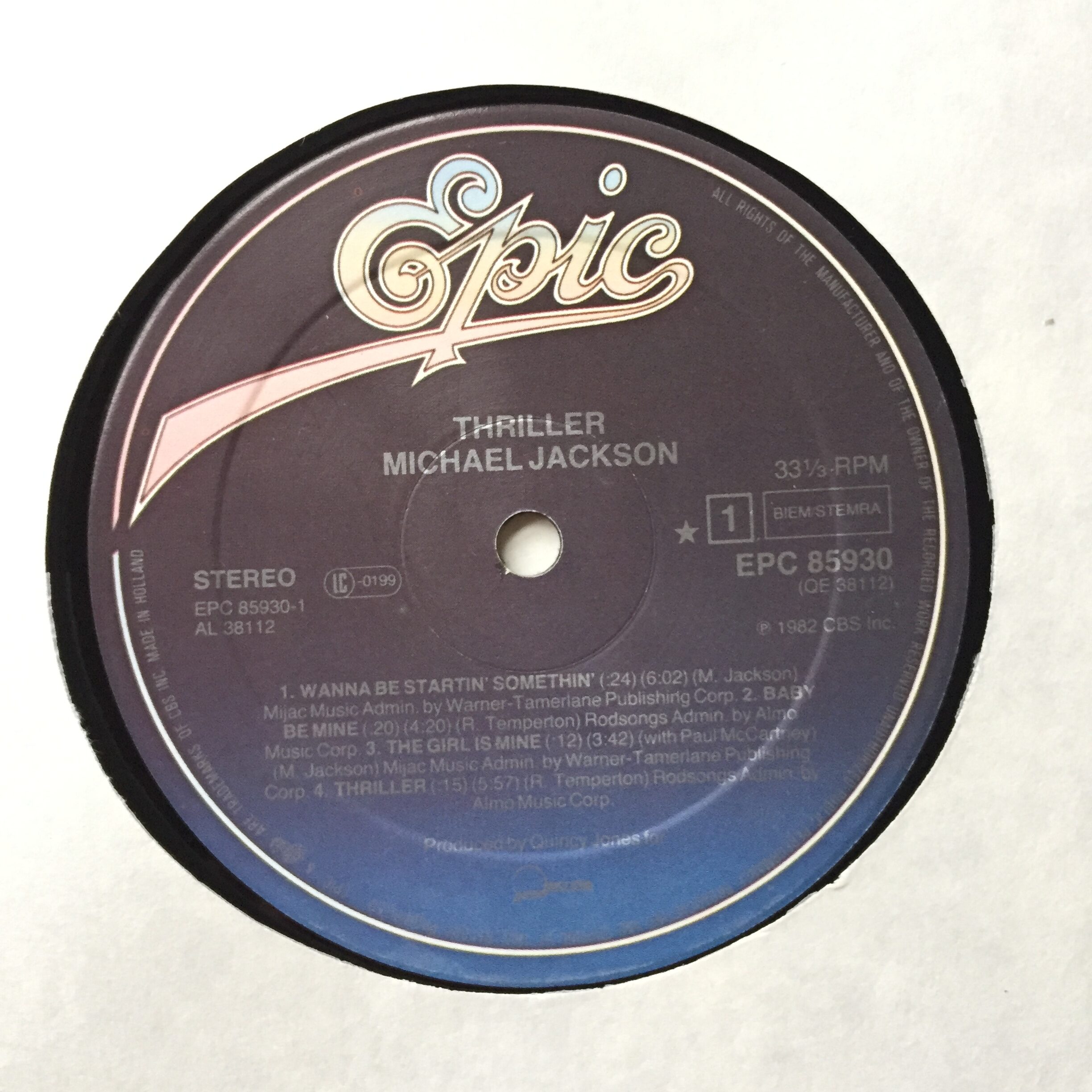 Original Thriller vinyl record label from Michael Jackson best-selling album