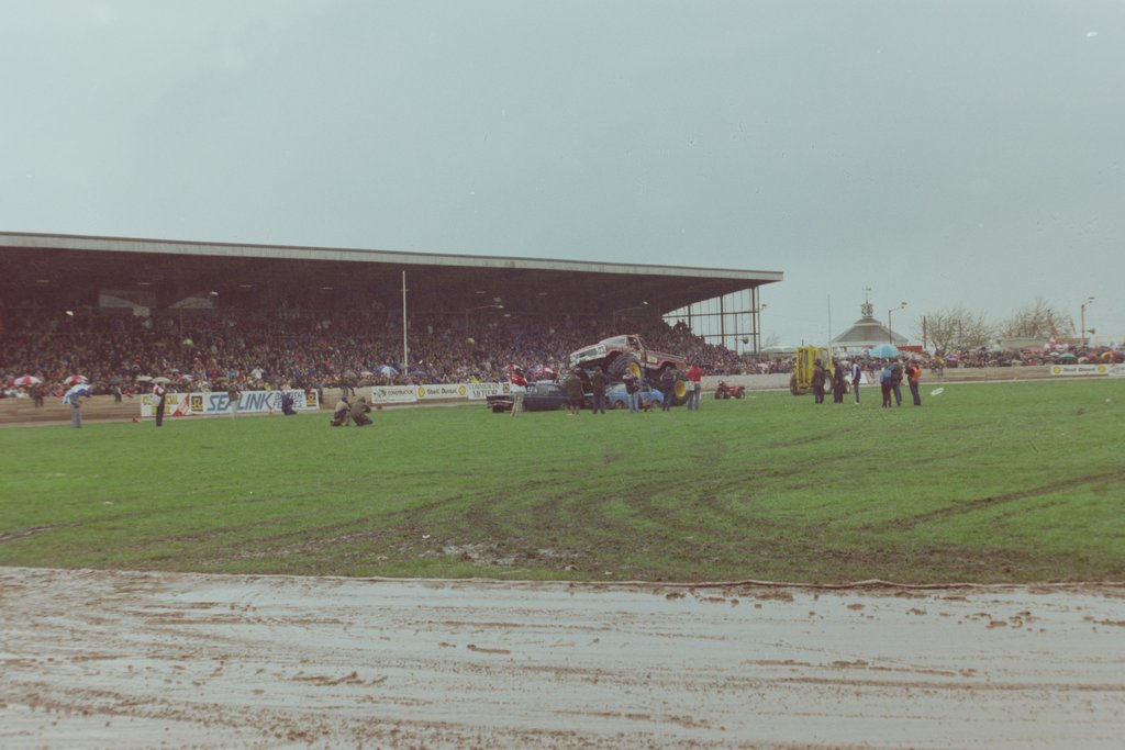 Monster truck crushing cars at Truckfest 1986 car crush event