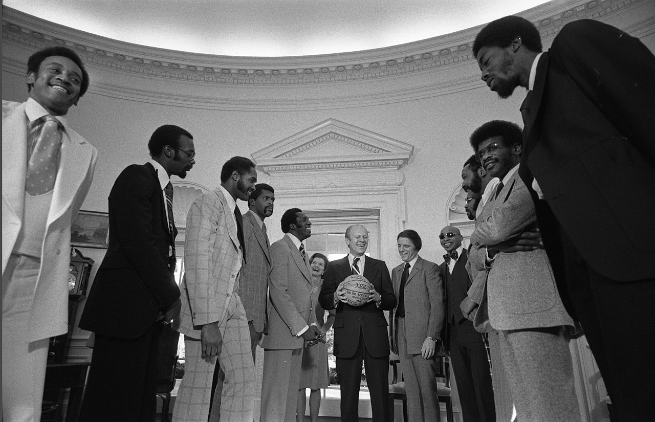 President Gerald Ford meeting the Harlem Globetrotters at the White House
