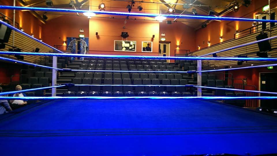 Professional wrestling ring and arena setup similar to American Gladiators competition stage