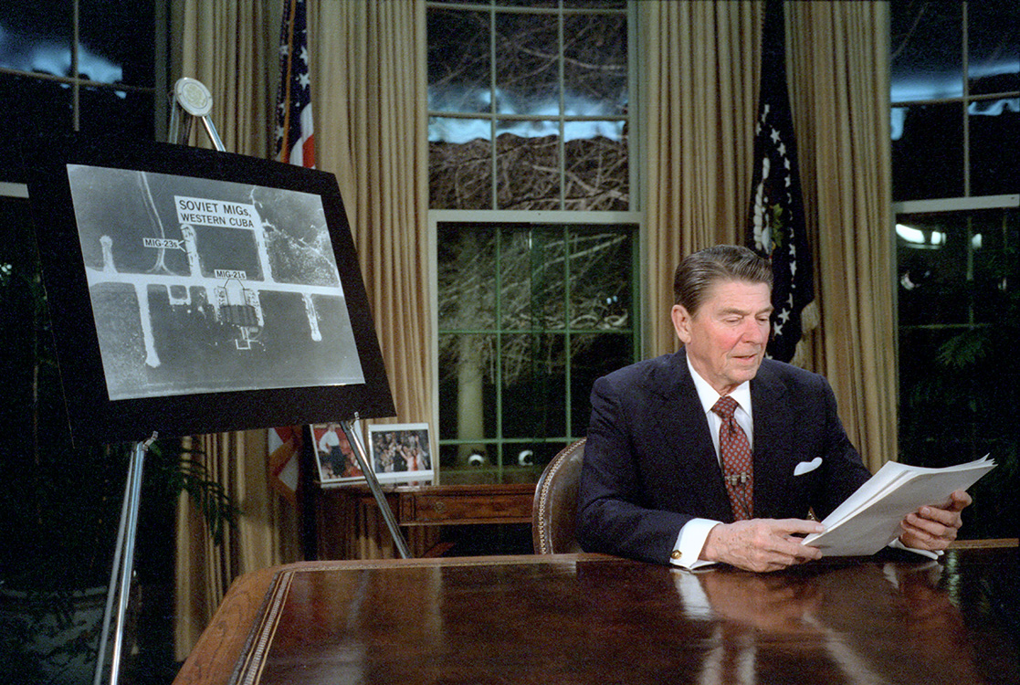 President Ronald Reagan delivering the Strategic Defense Initiative SDI Star Wars speech from the Oval Office on March 23 1983