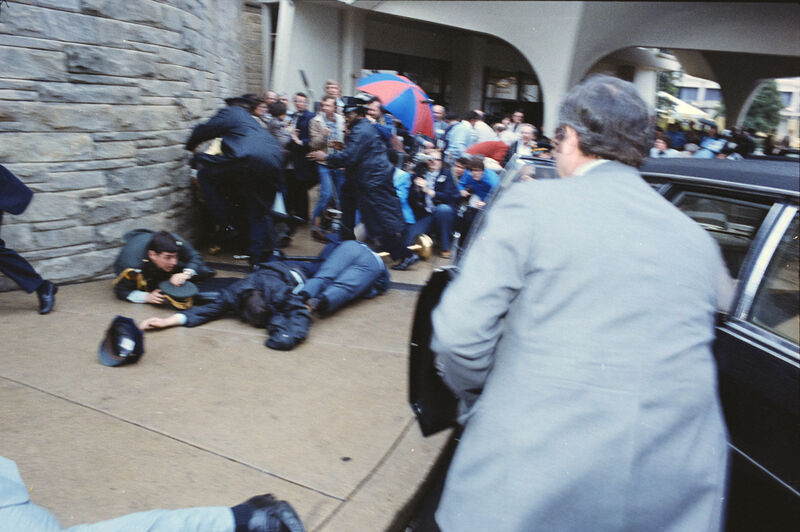Chaos outside the Washington Hilton Hotel after John Hinckley Jr shoots at President Reagan, March 30 1981