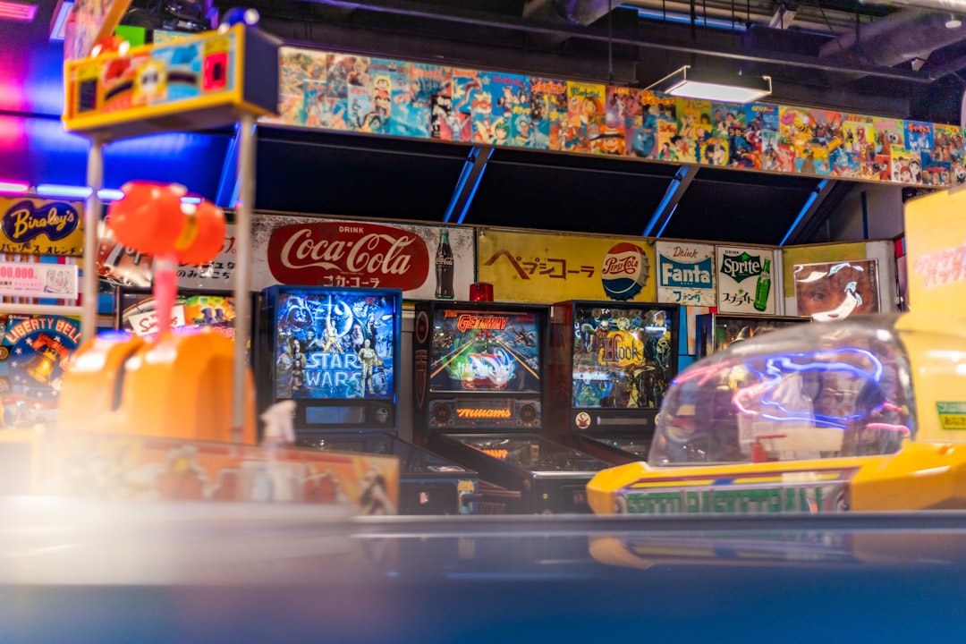 Colorful retro arcade with neon lights from the 80s cartoon and gaming era