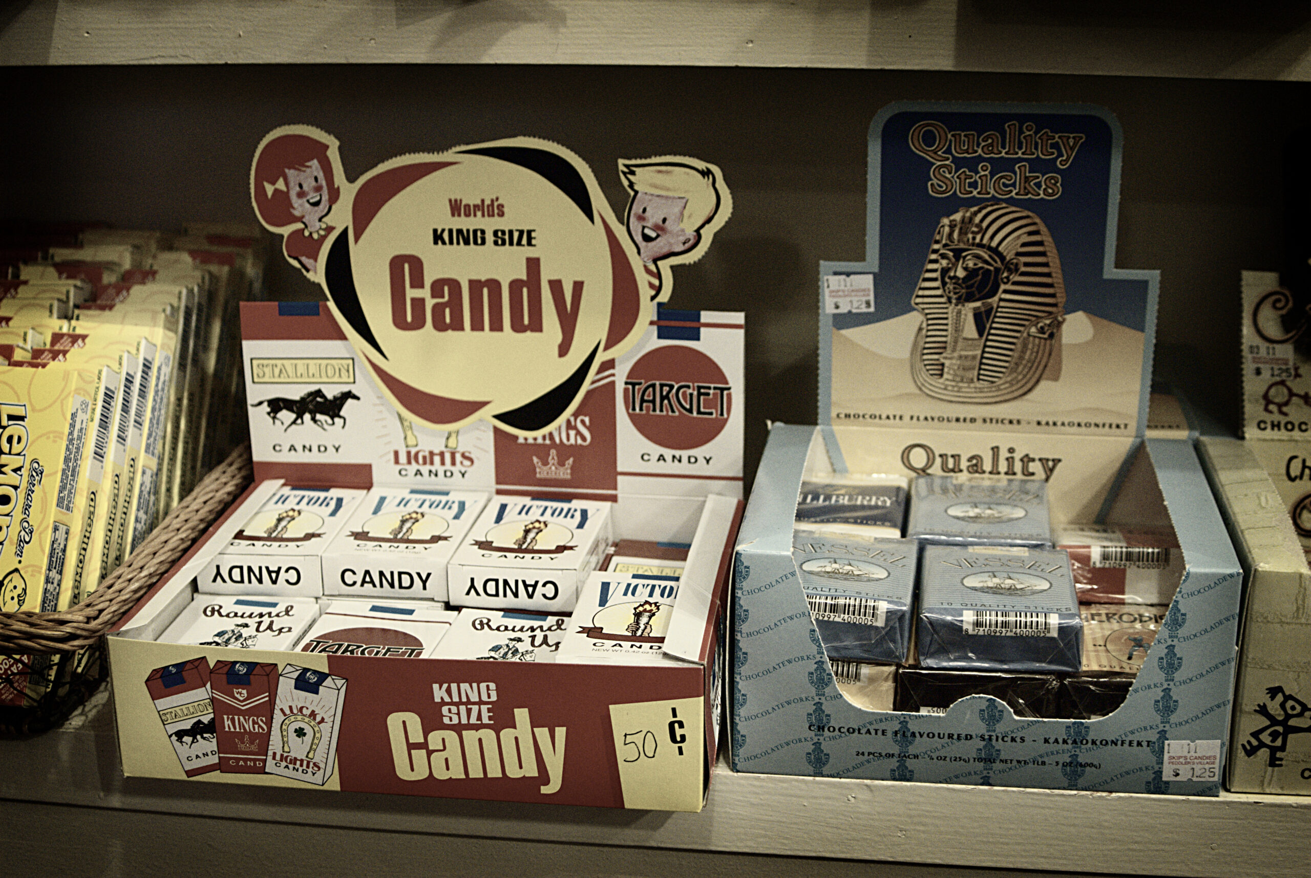Candy cigarettes display in store from the era of normalized smoking