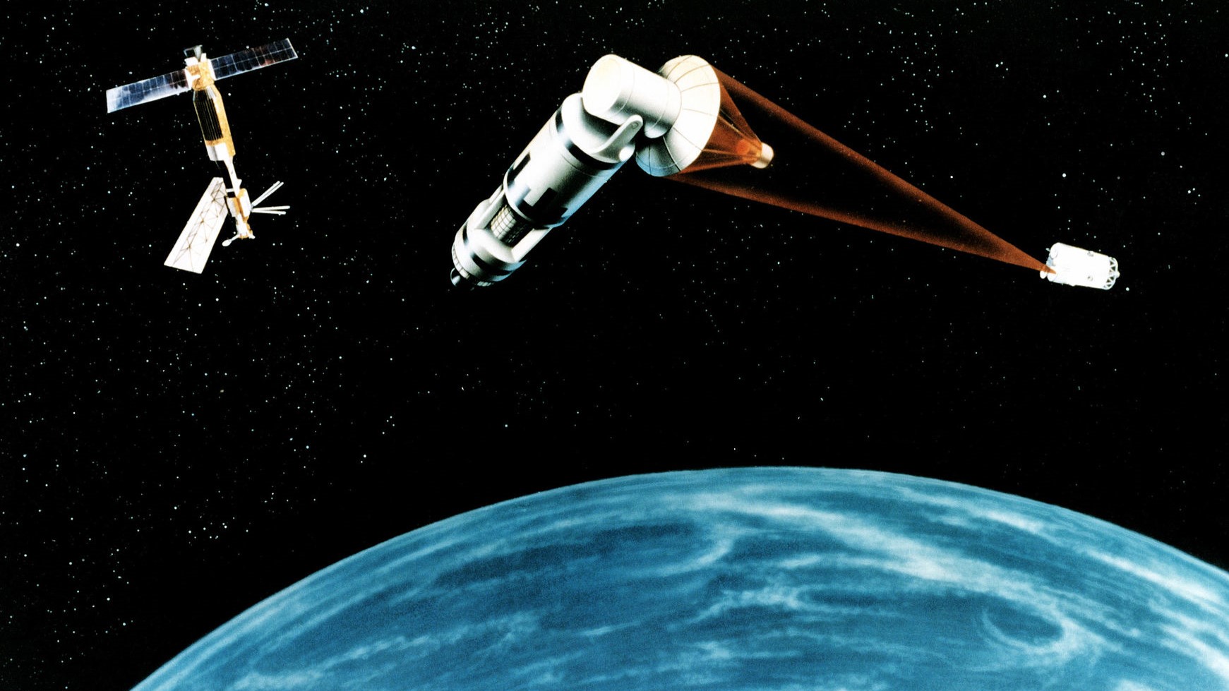SDI Strategic Defense Initiative concept showing satellite-based missile defense system in orbit