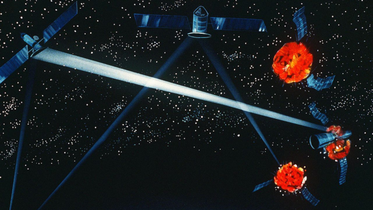 1984 concept artwork of a ground and space-based hybrid laser weapon system for the Strategic Defense Initiative