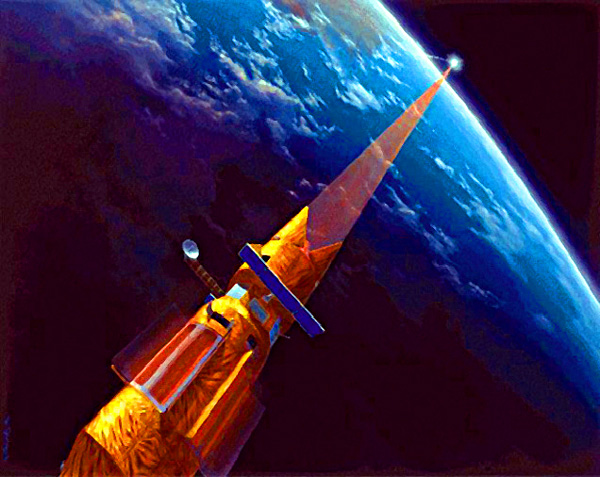 Artists rendering of SDI X-ray laser hitting an incoming Soviet ballistic missile in space