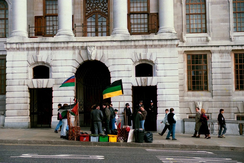 Anti-apartheid protest outside South Africa House in London 1989