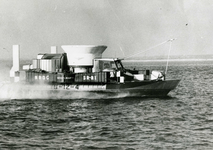 SRN1 experimental hovercraft during Royal Navy trials that inspired the Flymo hover mower design