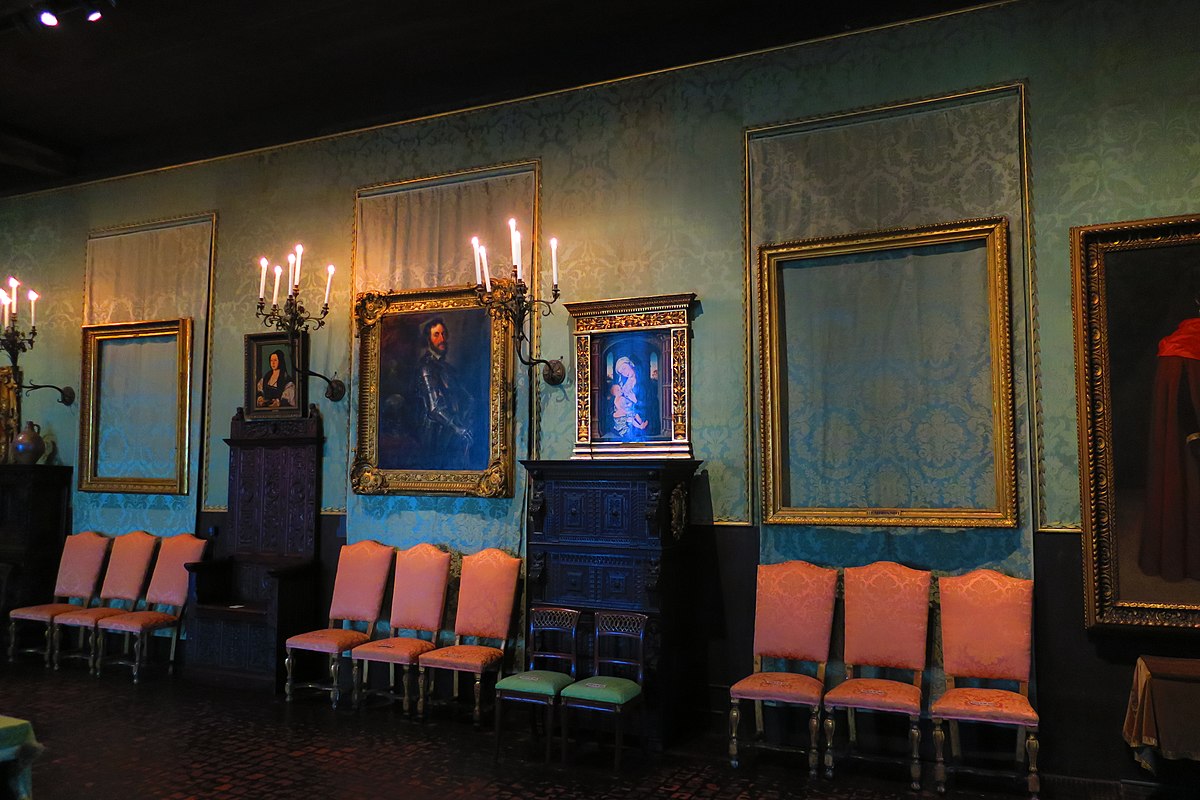 Empty frames where stolen Rembrandt paintings were displayed at Gardner Museum