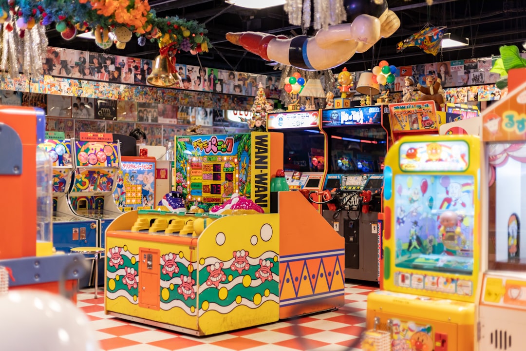 Inside a vibrant colorful 80s arcade representing the gaming and cartoon culture