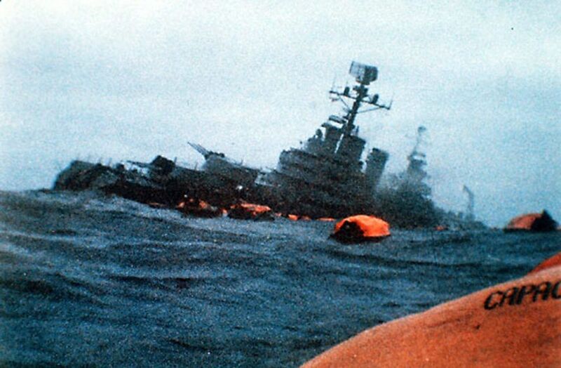 ARA General Belgrano listing to port after being struck by HMS Conqueror torpedoes, Falklands War 1982