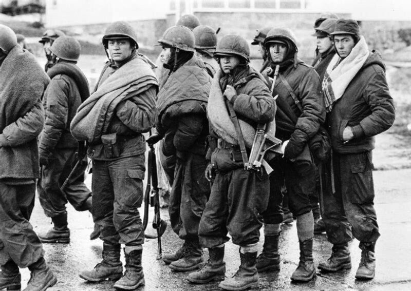 Argentine prisoners of war after the surrender at Port Stanley, Falklands War June 1982