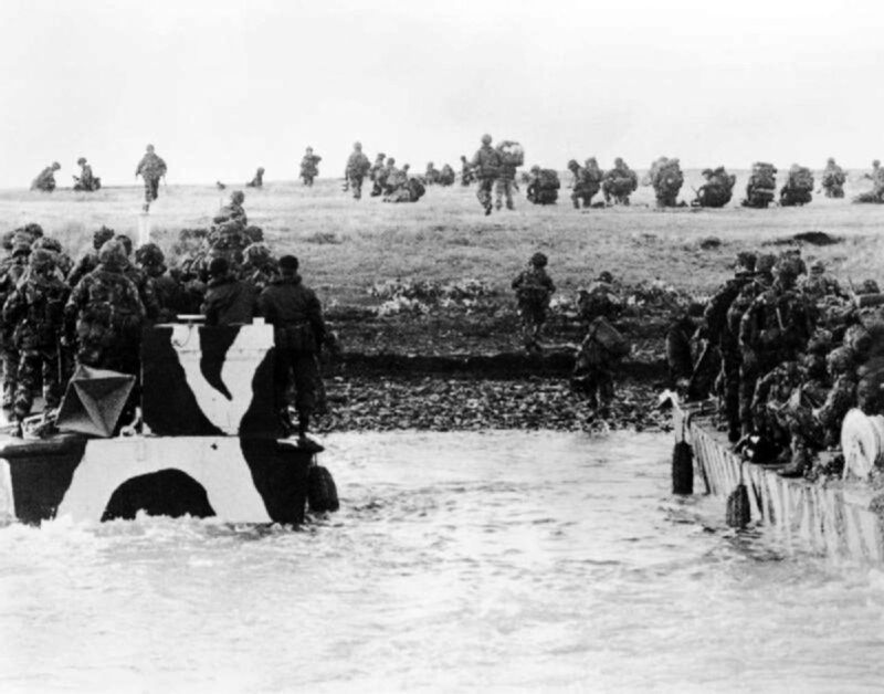 British troops landing on Blue Beach San Carlos during Operation Sutton Falklands War 1982