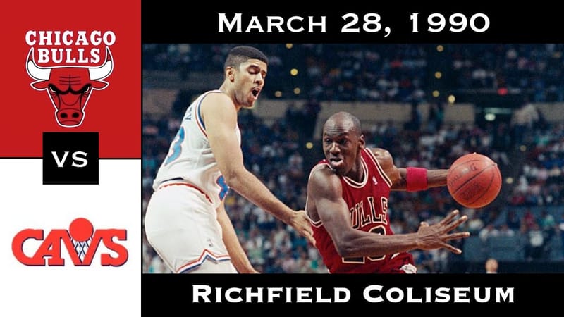 Chicago Bulls and Cleveland Cavaliers shown in a Richfield Coliseum full-game thumbnail from March 28, 1990