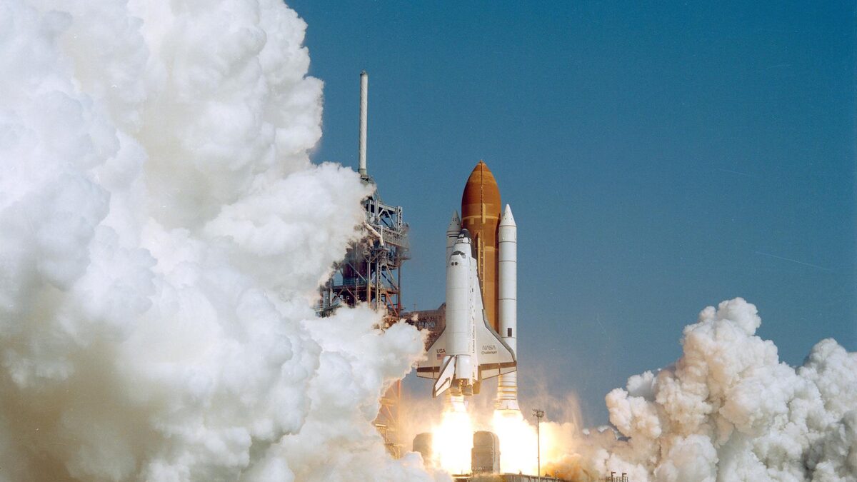 Space Shuttle Challenger launching for STS-41C in April 1984