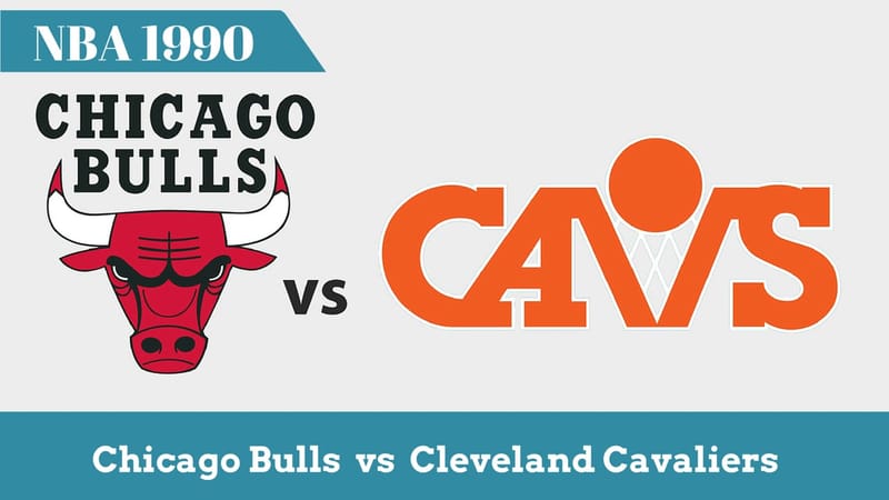 Chicago Bulls and Cleveland Cavaliers in a 1990 game-highlights thumbnail centered on Michael Jordan