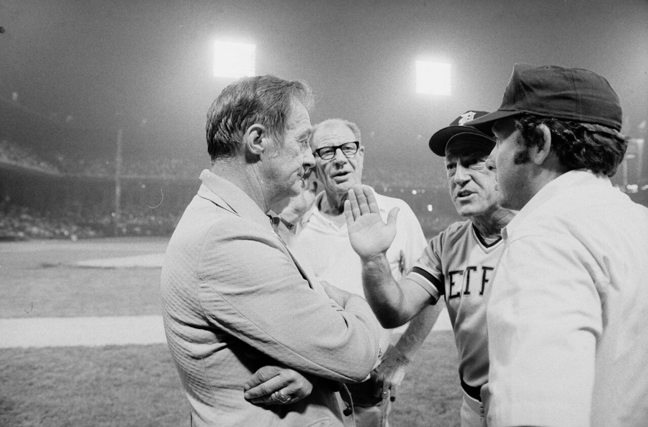 Bill Veeck reacts after Disco Demolition Night chaos at Comiskey Park