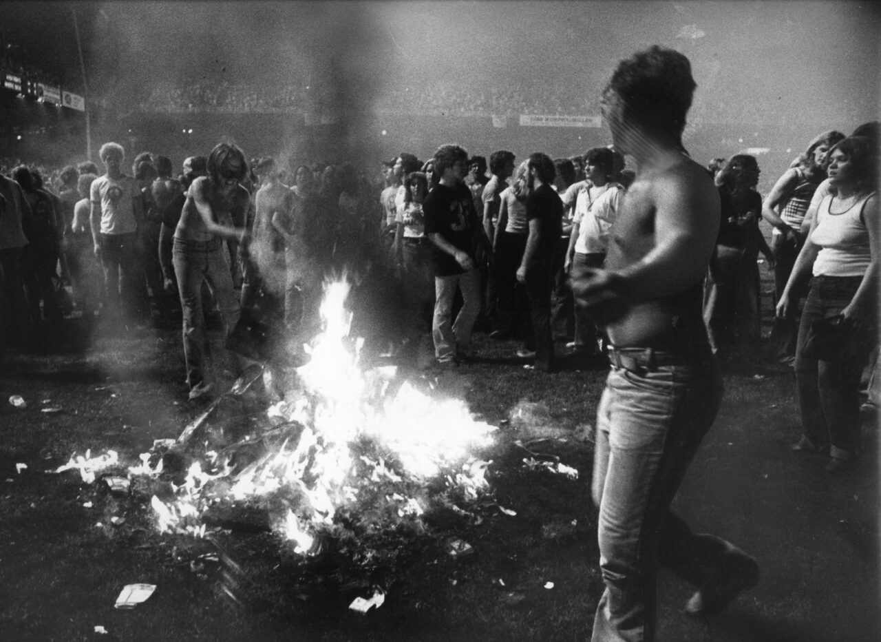 Disco records burning at Disco Demolition Night in 1979