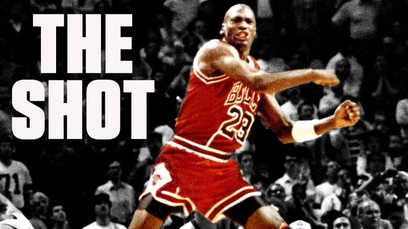 Michael Jordan rising over Craig Ehlo in an ESPN Archives thumbnail about The Shot