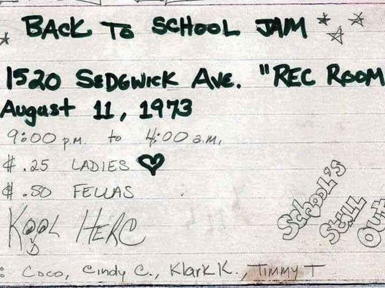 DJ Kool Herc spinning records at 1520 Sedgwick Avenue, marking the birth of hip hop in 1973