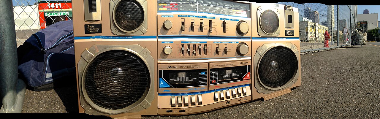 Classic 1980s ghetto blaster boombox on the street — symbol of hip hop culture