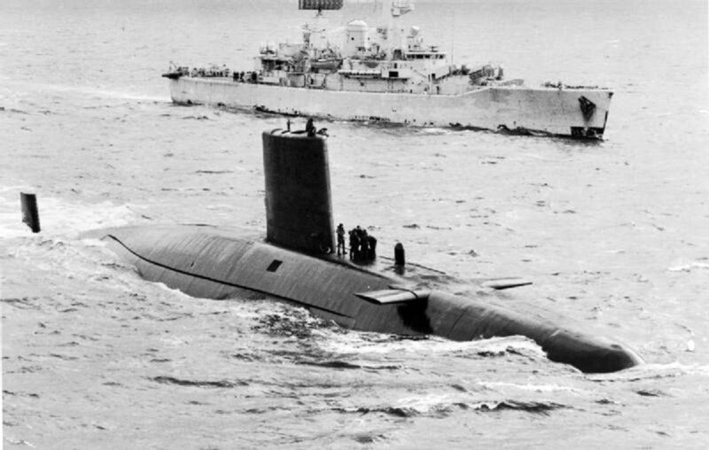 HMS Conqueror nuclear submarine alongside HMS Penelope during the Falklands War 1982