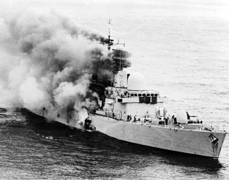 HMS Sheffield Type 42 destroyer on fire after being hit by Argentine Exocet missile during the Falklands War