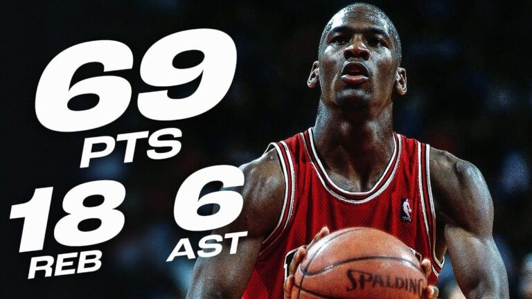 Michael Jordan rising for a shot during a video package about his 69-point game against Cleveland on March 28, 1990