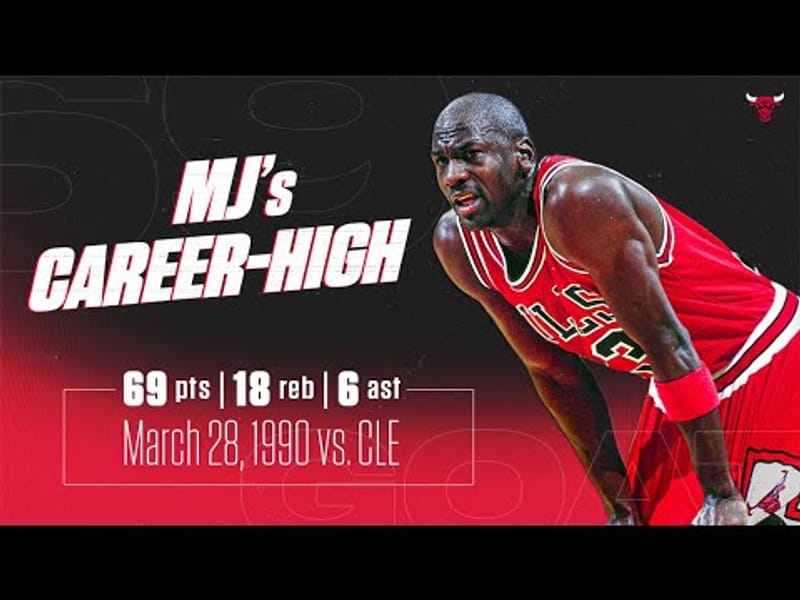 Michael Jordan in Chicago Bulls red during a Chicago Bulls video showing every point from his 69-point night vs Cleveland