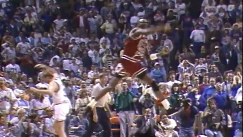 Michael Jordan driving in Cleveland in a thumbnail about his iconic game-winner against the Cavaliers