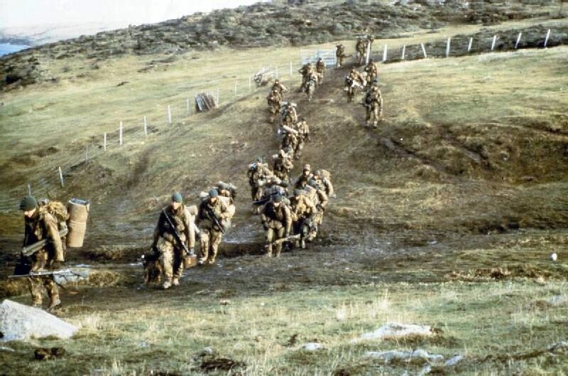 Royal Marines 45 Commando yomping across East Falkland towards Port Stanley during the Falklands War 1982